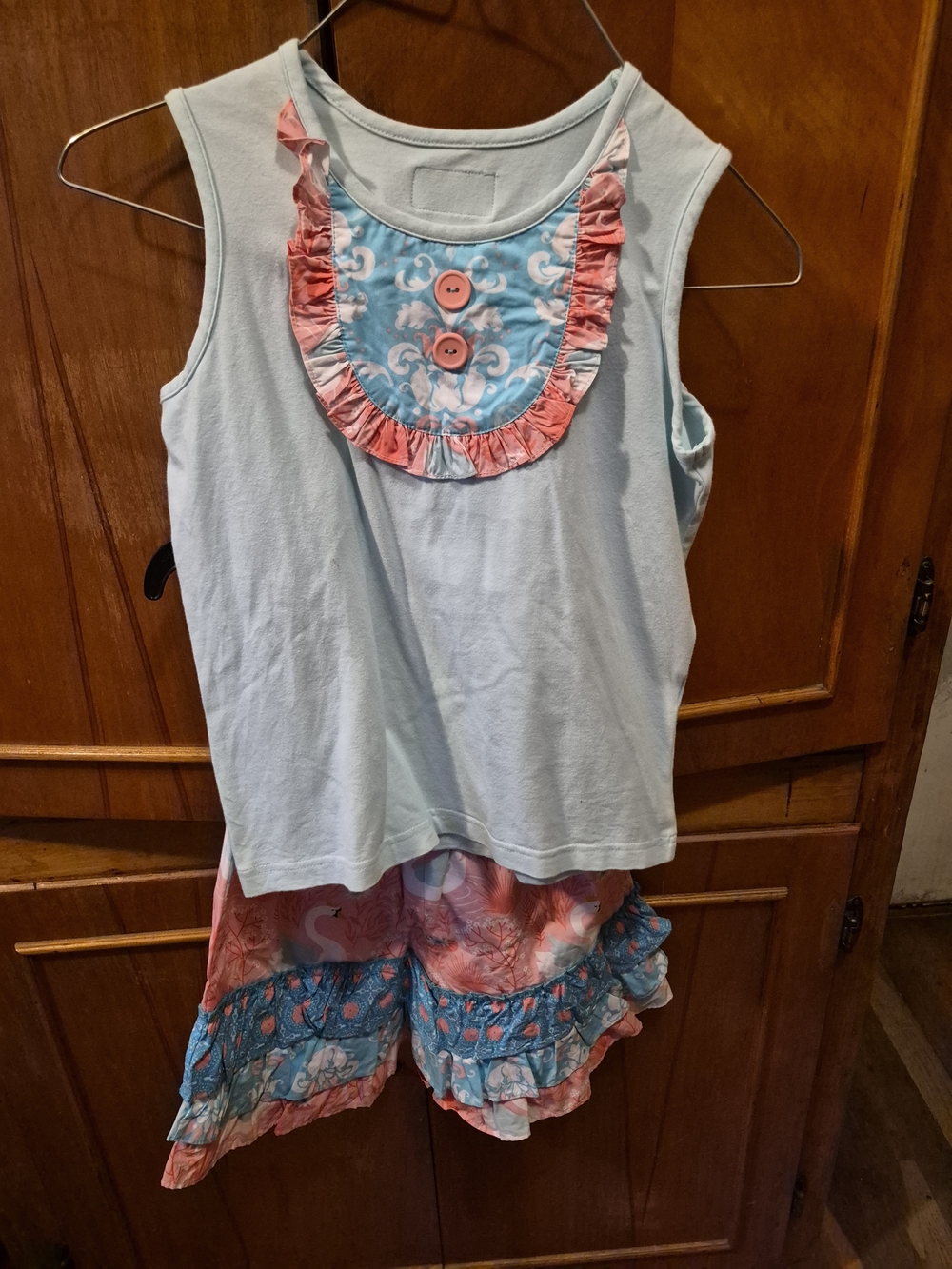 Eleanor Rose Light Blue and Coral Ruffle Two-Piece Girls Set